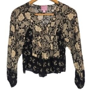 Muse Republic Peasant Boho Paisley Floral Blouse Top Small Hippie Balloon Tassel